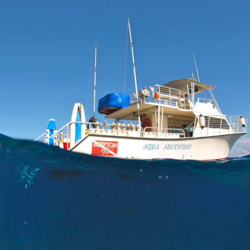 The aqua adventure boat anchored on the Pacific Ocean near Maui, Hawaii